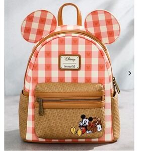 Disney Loungefly Mickey Mouse Picnic Gingham Mini Backpack Pink Basketweave NEW